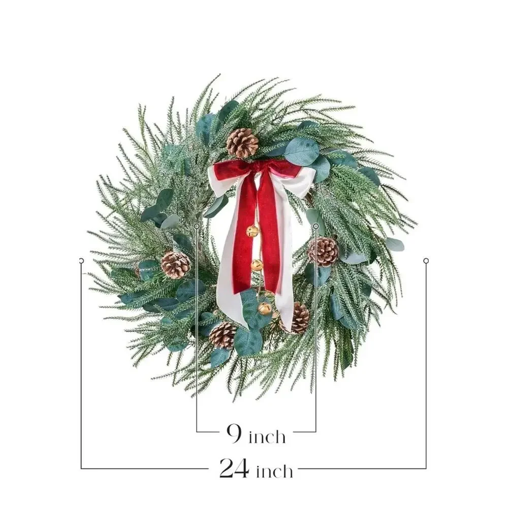 Christmas Wreaths for Front Door Outdoor, 24 Inch Artificial Xmas Winter Wreath,